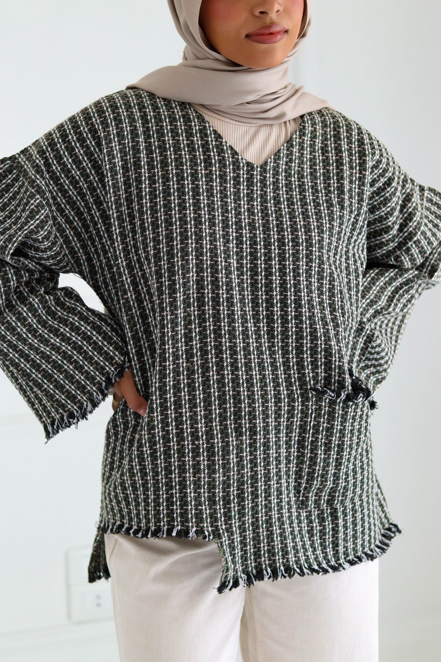 XO' Tweed top in olive