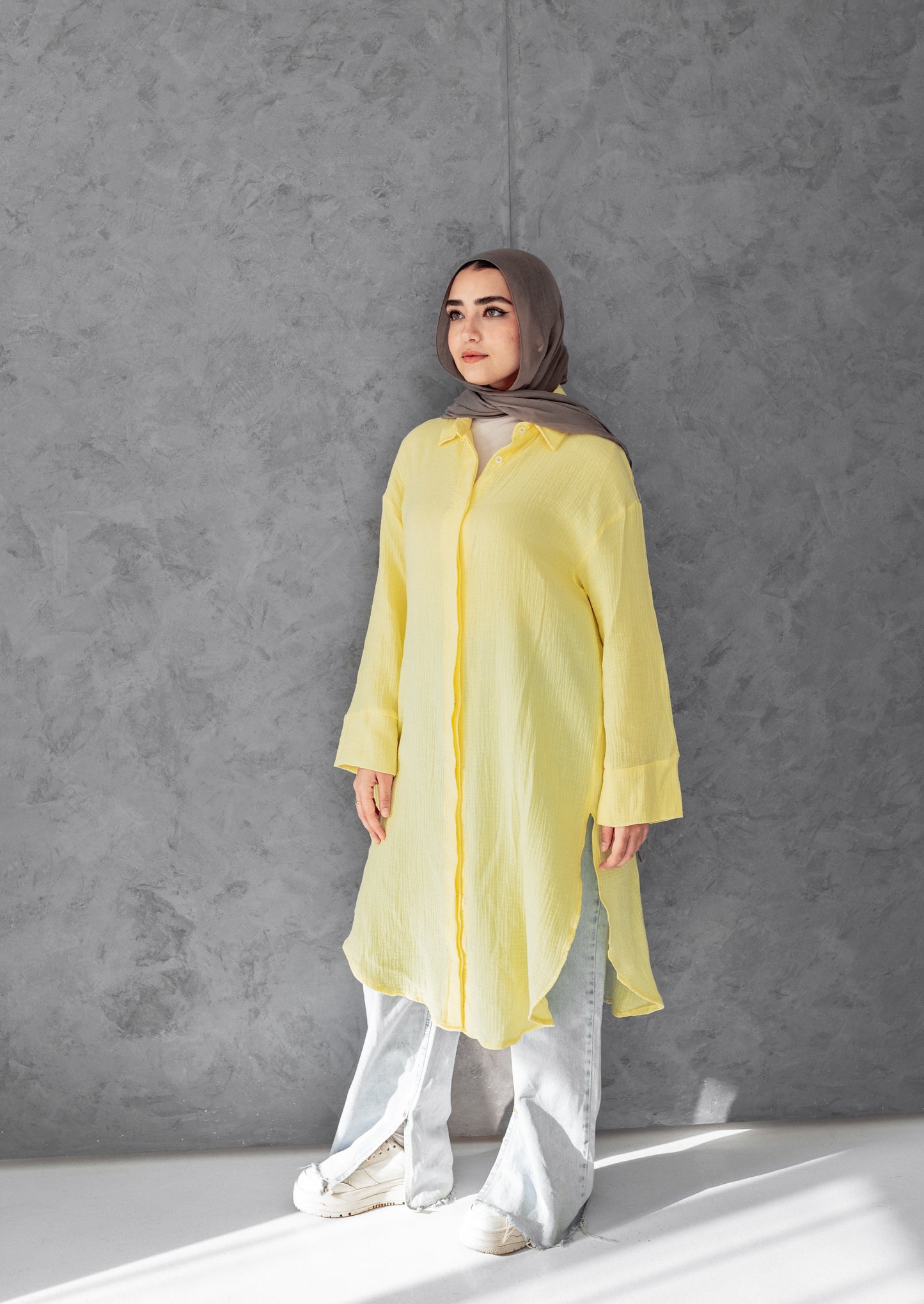 Crinkled linen long shirt in yellow
