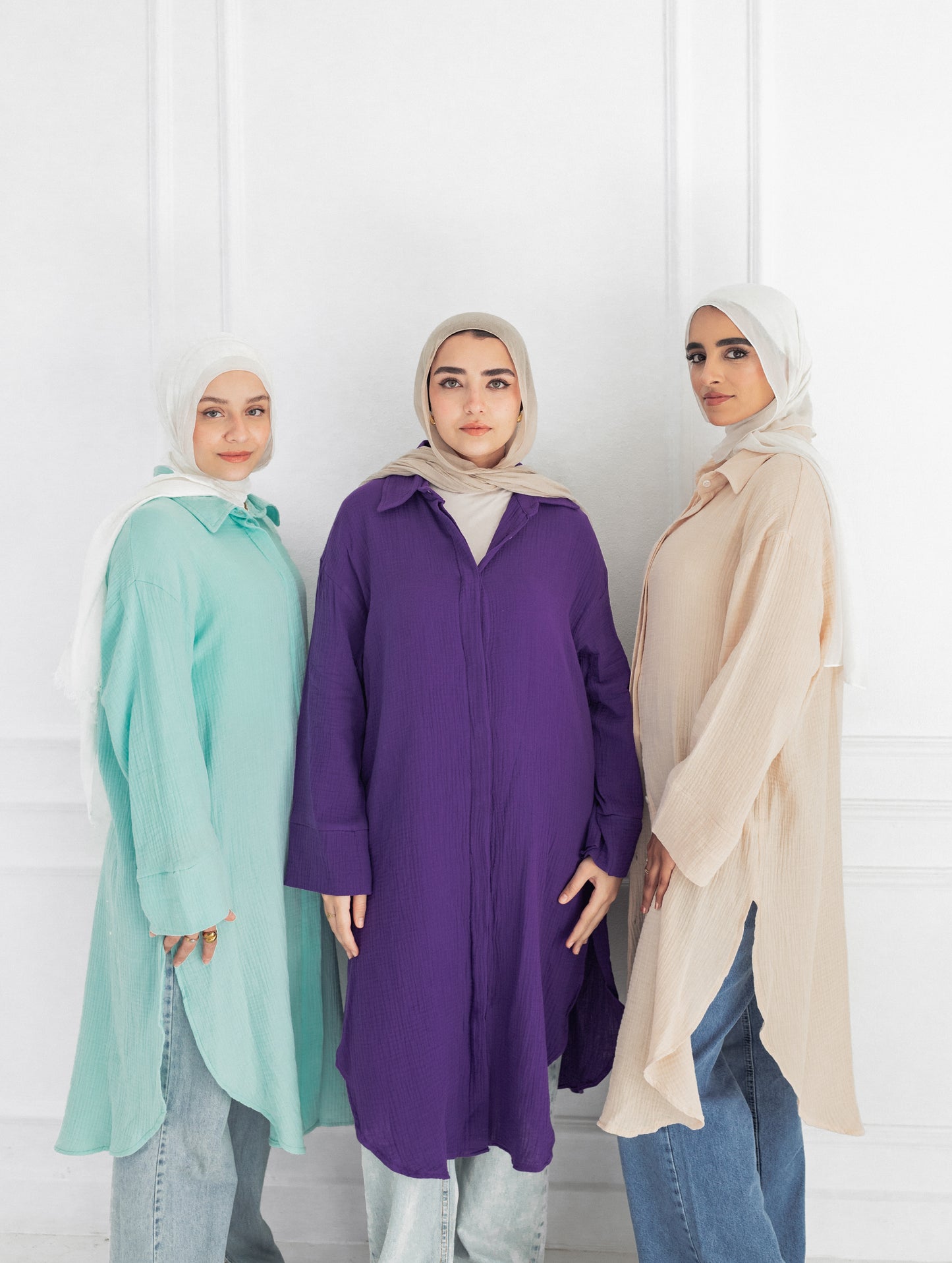 Crinkled linen long shirt in aqua