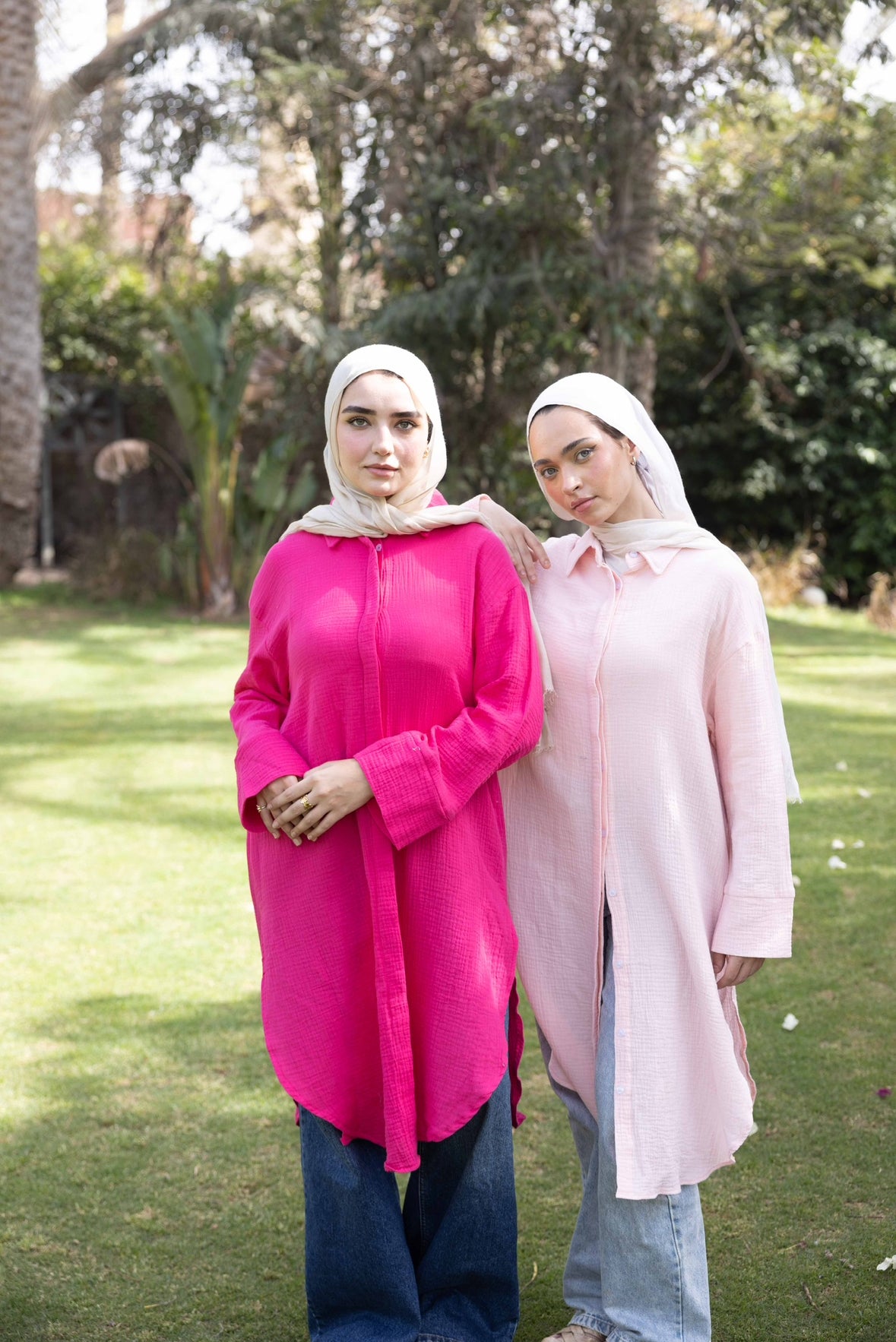 Crinkled linen long shirt in hot pink
