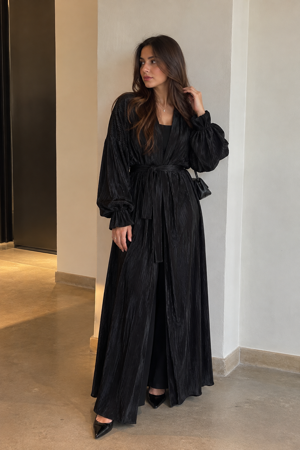 Pleated Silk Kimono - Black