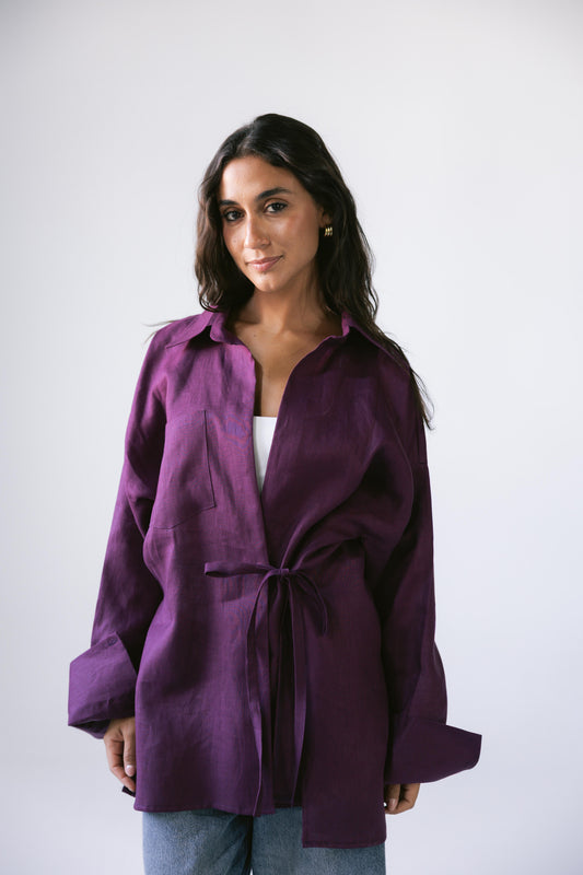 Side Tie Linen Shirt - Violet