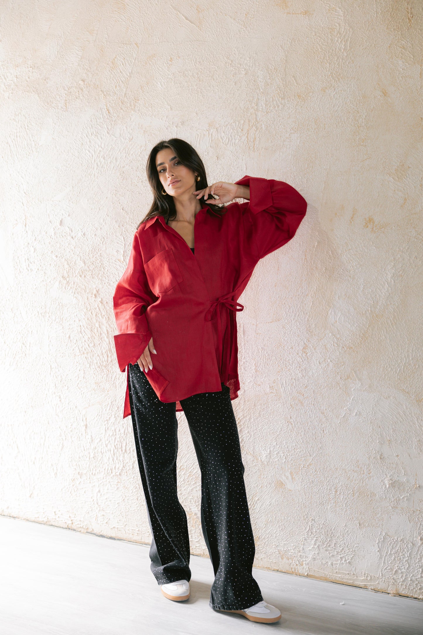 Side Tie Linen Shirt - Red