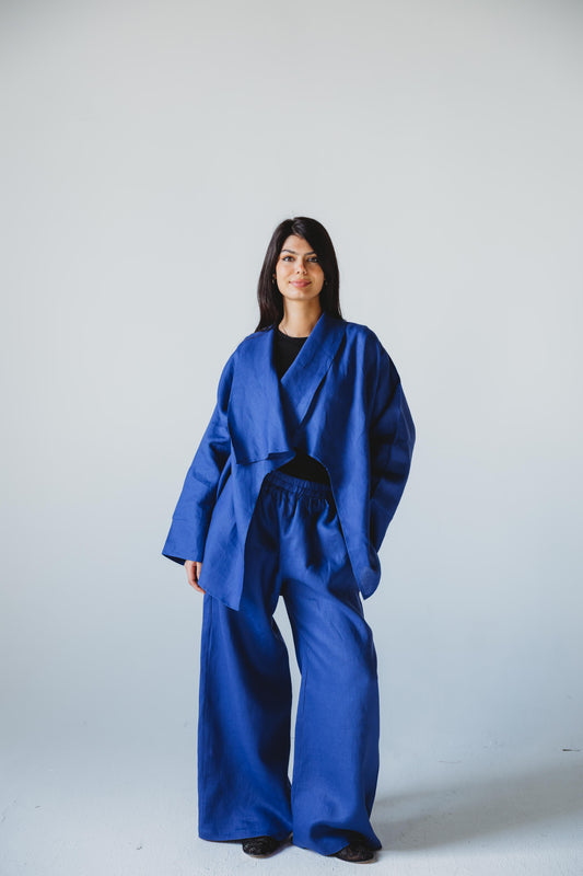 Linen Flow Cardigan Set - Royal Blue