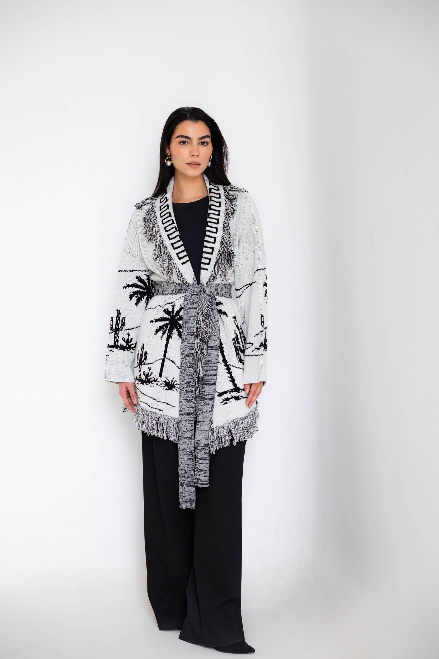 Center Of Attention Knit Cardigan In Black X White