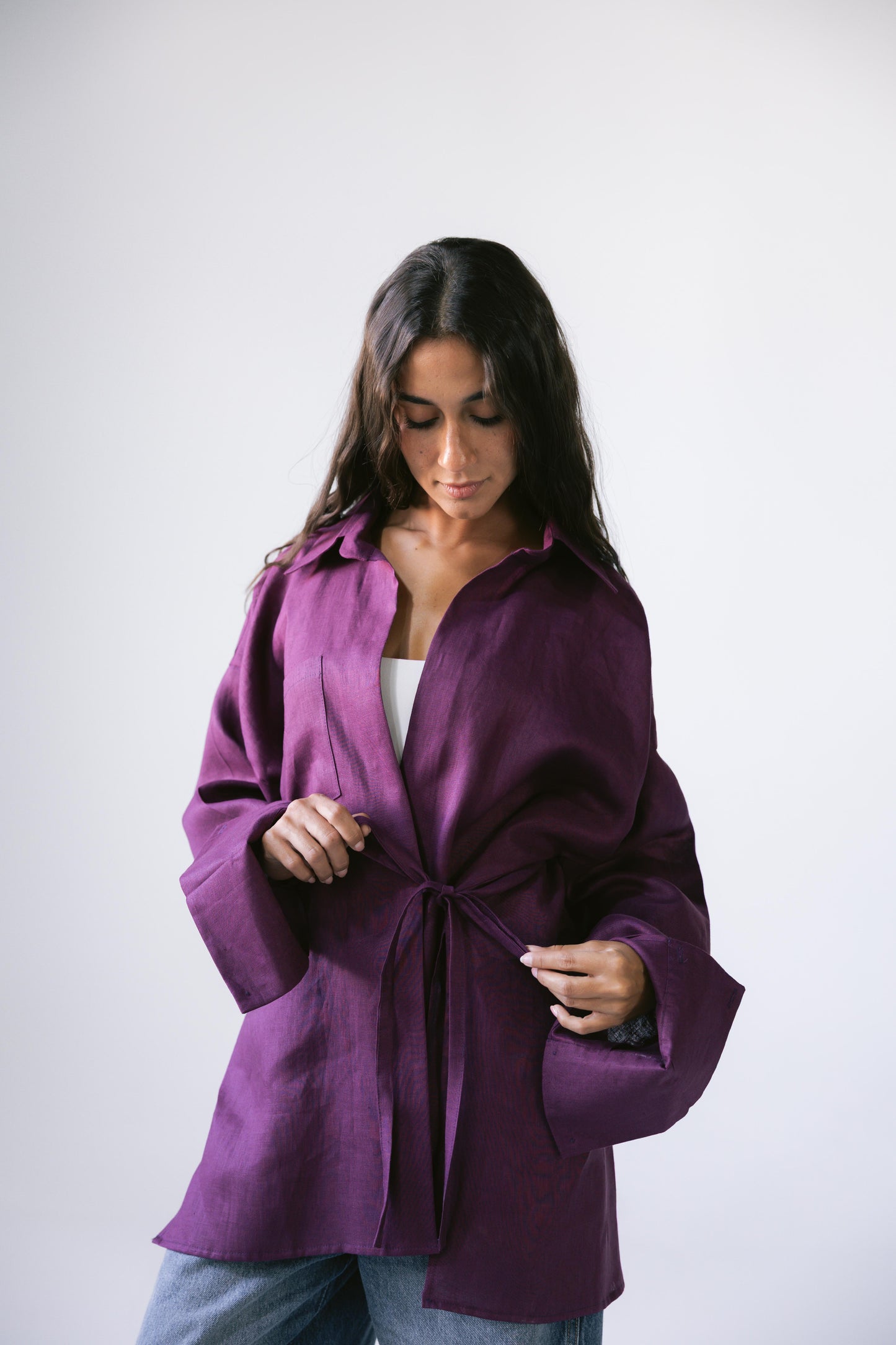 Side Tie Linen Shirt - Violet