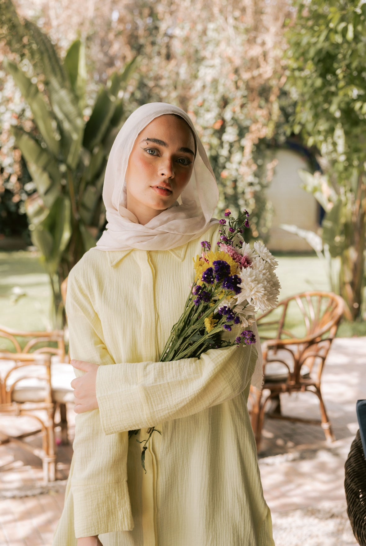 Crinkled linen long shirt in butter yellow