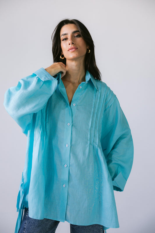 Summer Fringes Linen Shirt - Turquoise