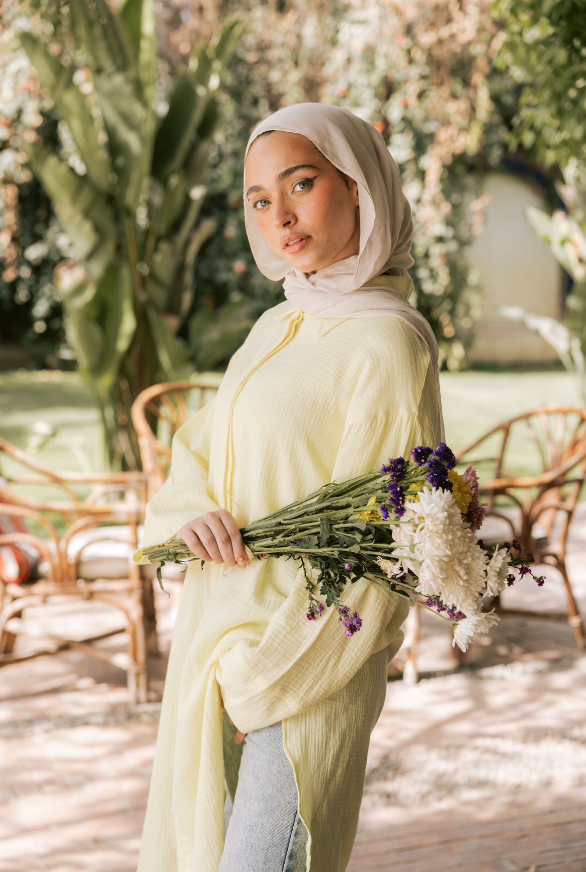 Crinkled linen long shirt in butter yellow