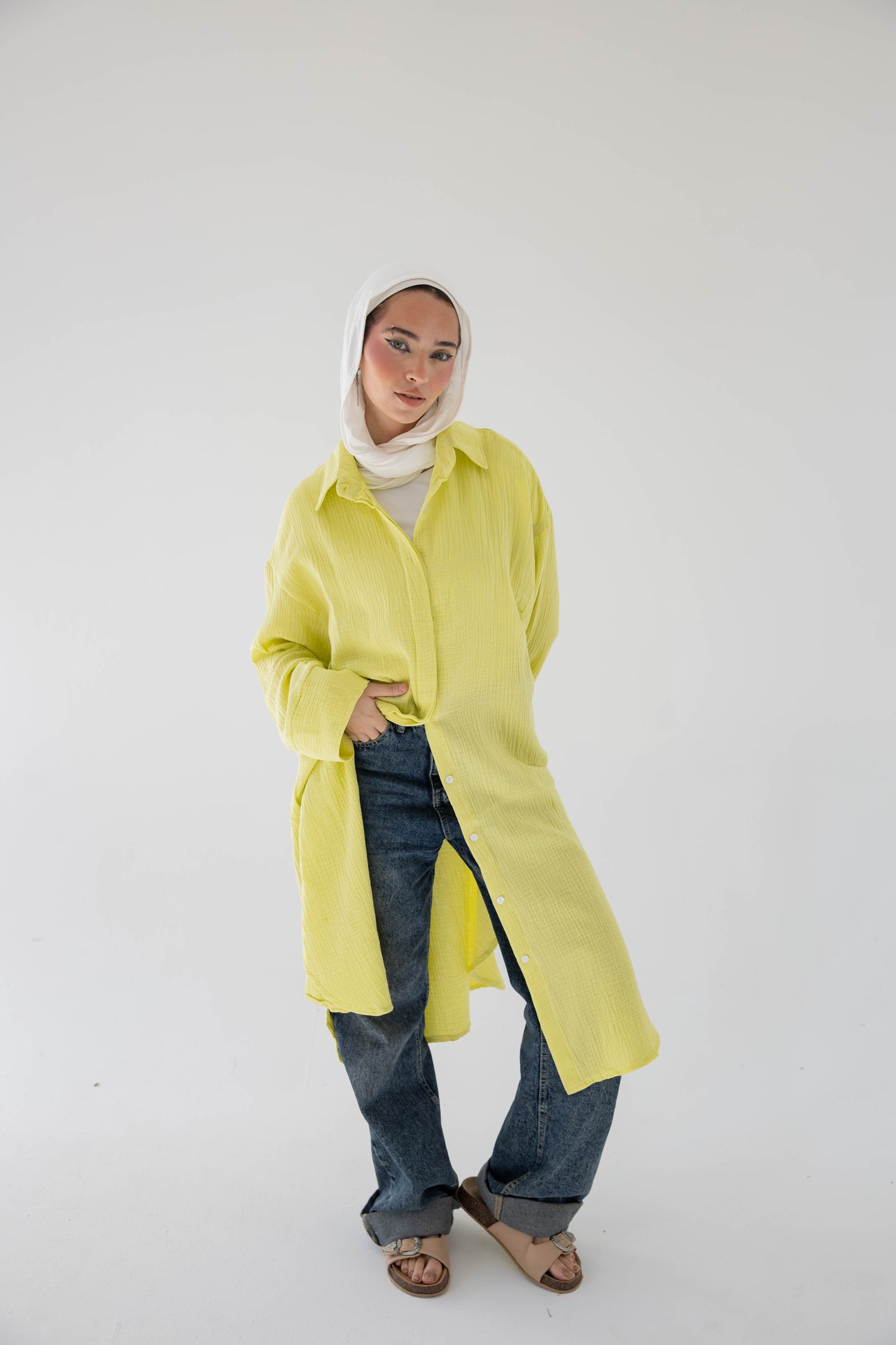 Crinkled linen long shirt in lime green