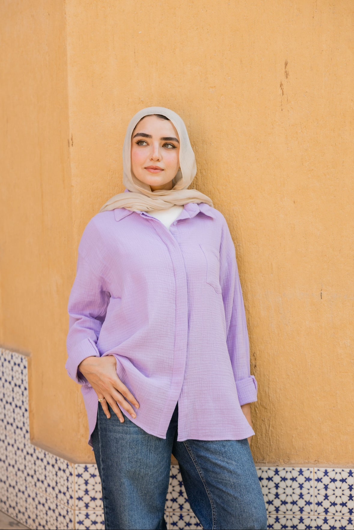 Crinkled linen shirt in lavender