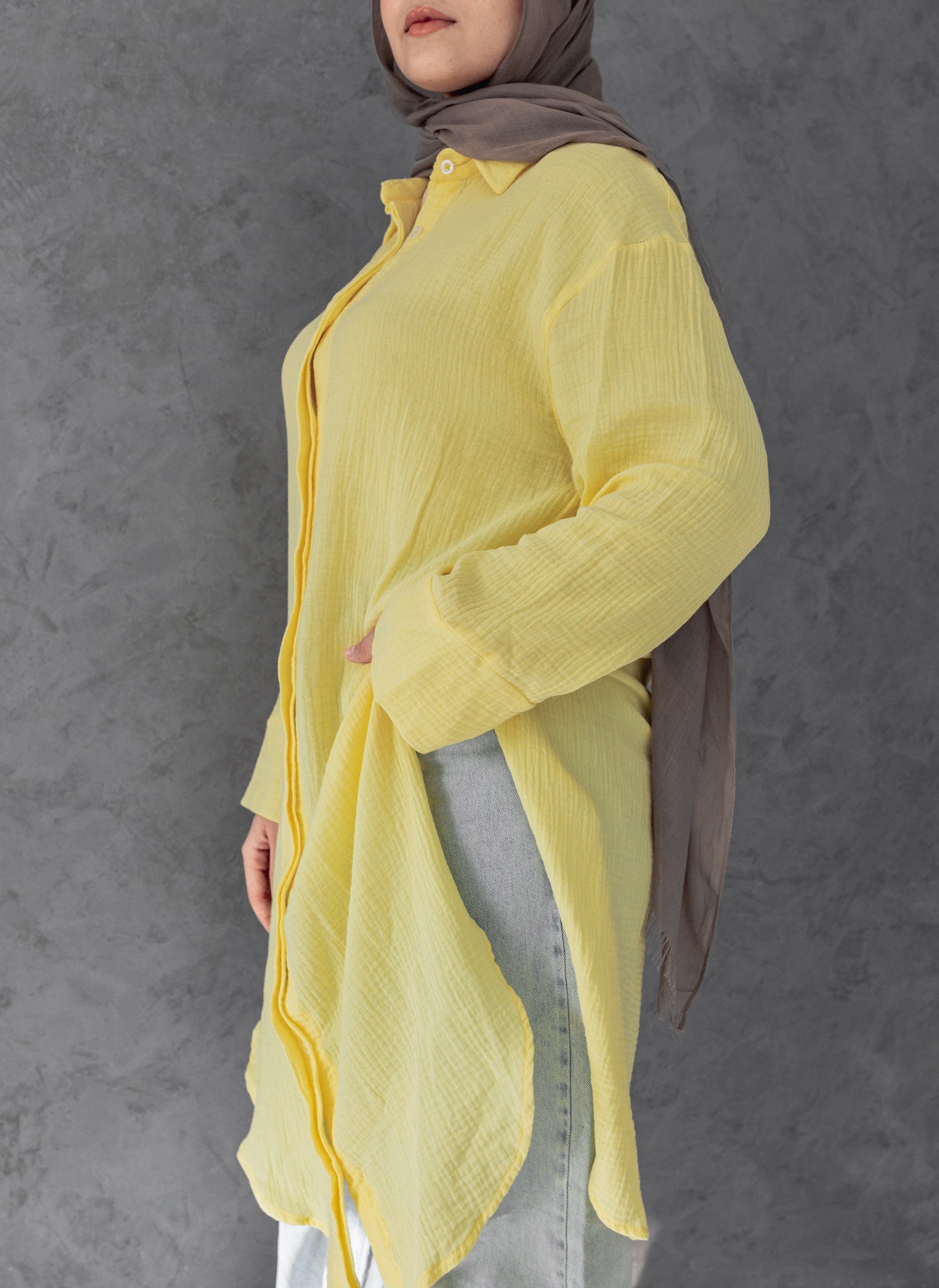 Crinkled linen long shirt in yellow