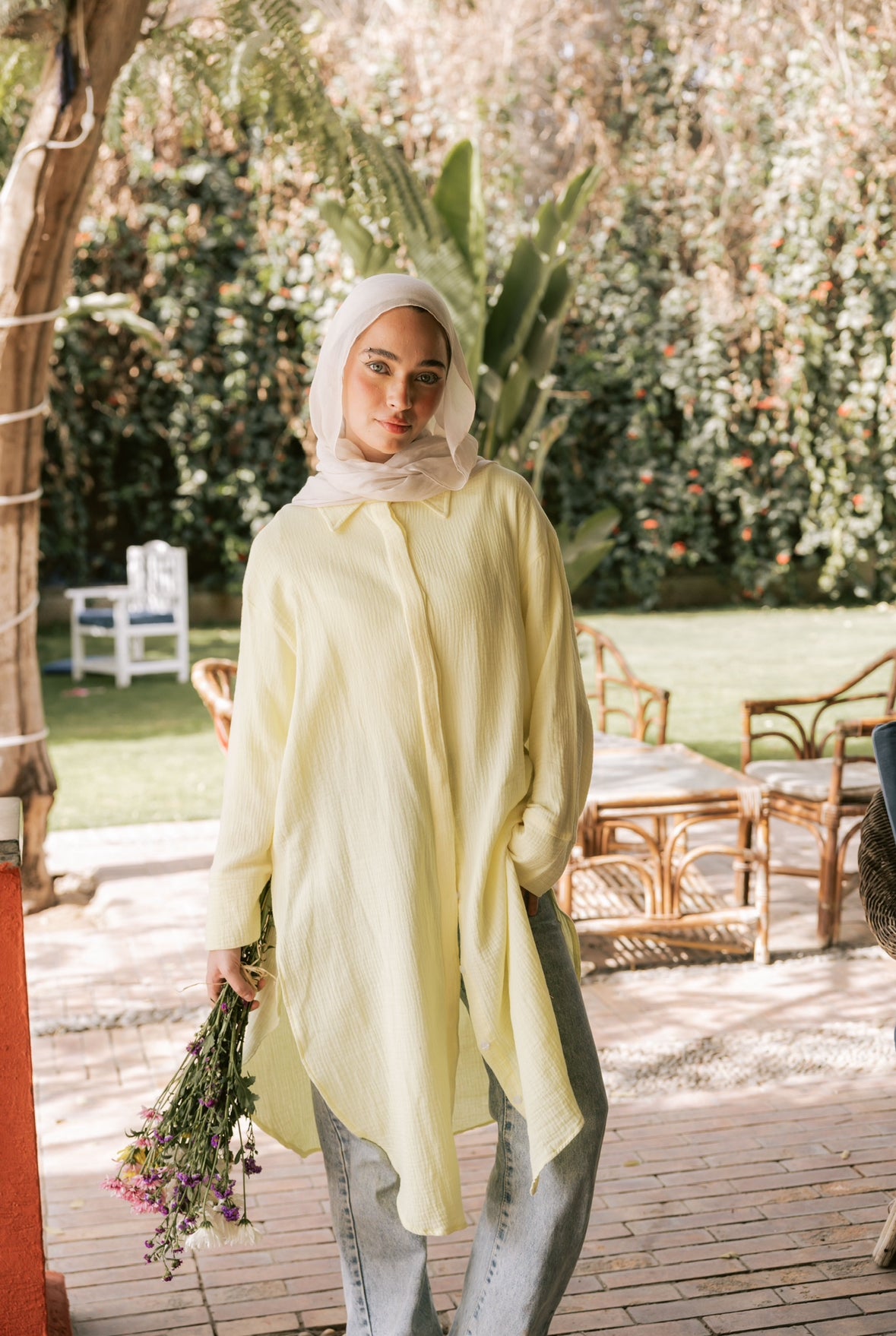 Crinkled linen long shirt in butter yellow