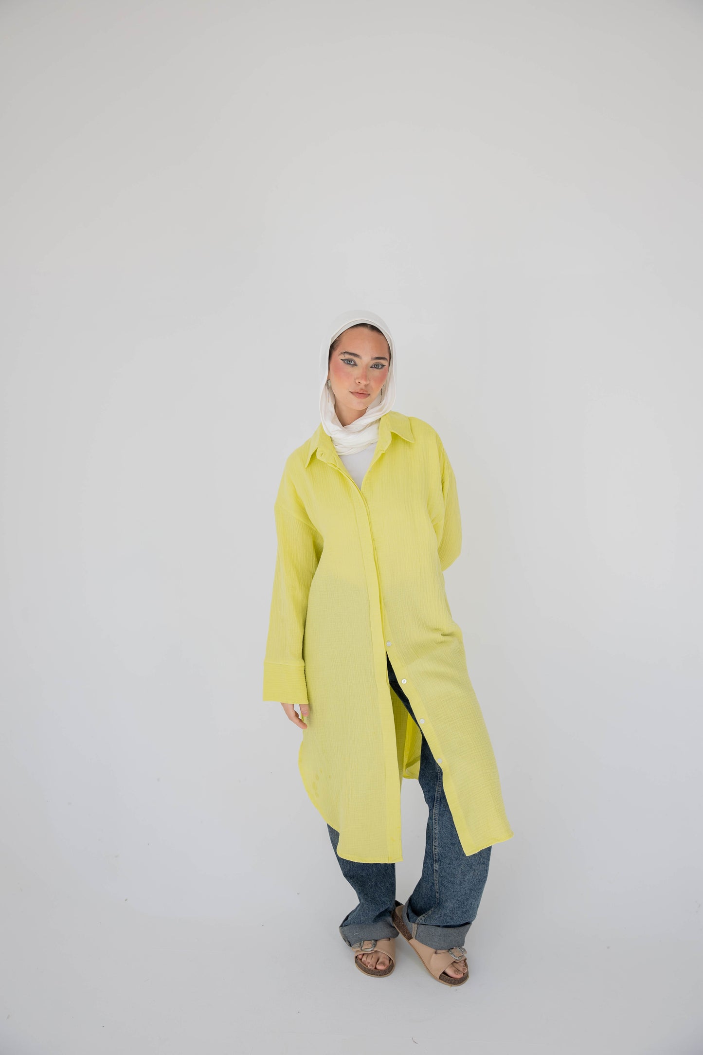 Crinkled linen long shirt in lime green