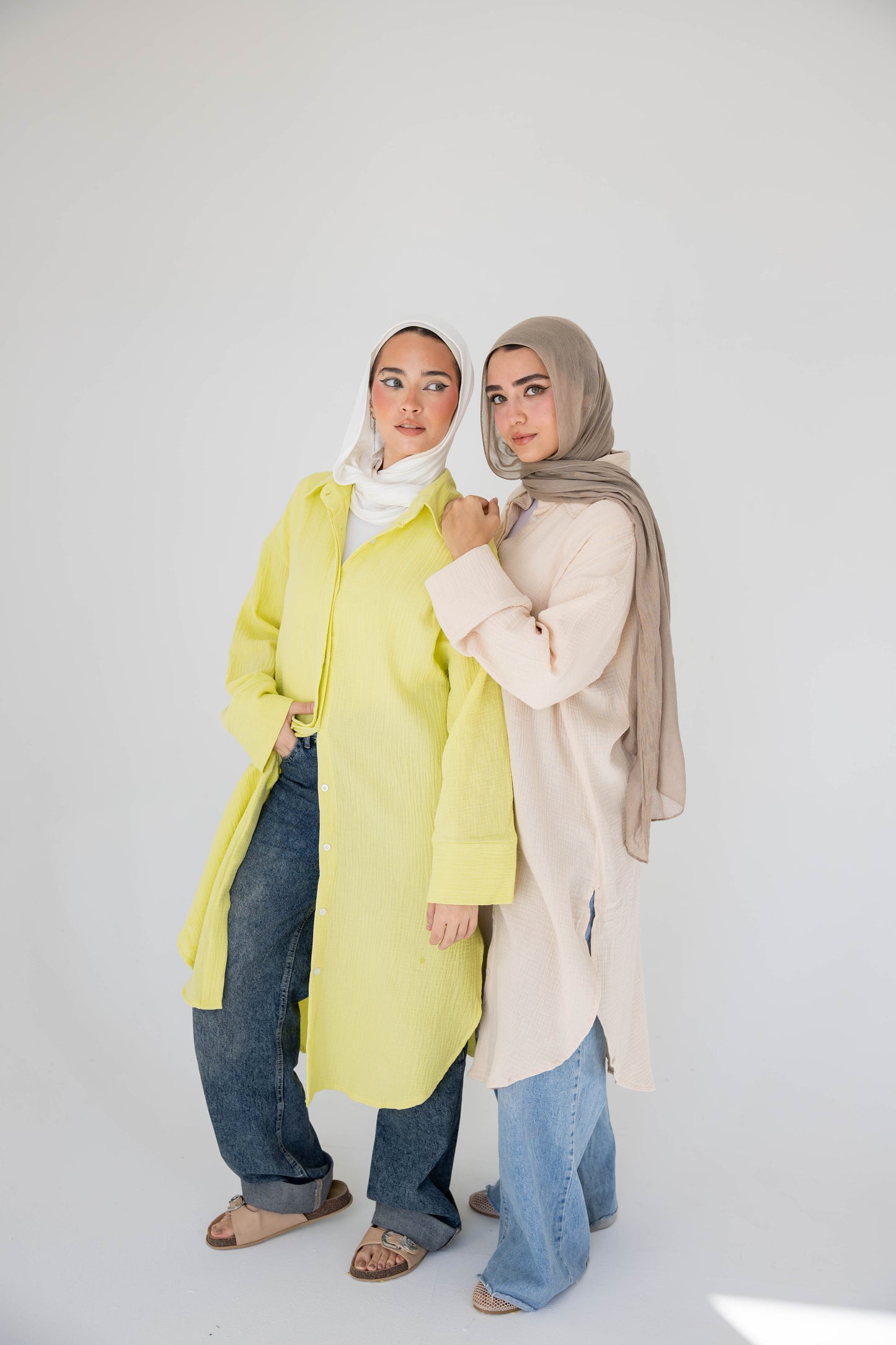 Crinkled linen long shirt in lime green