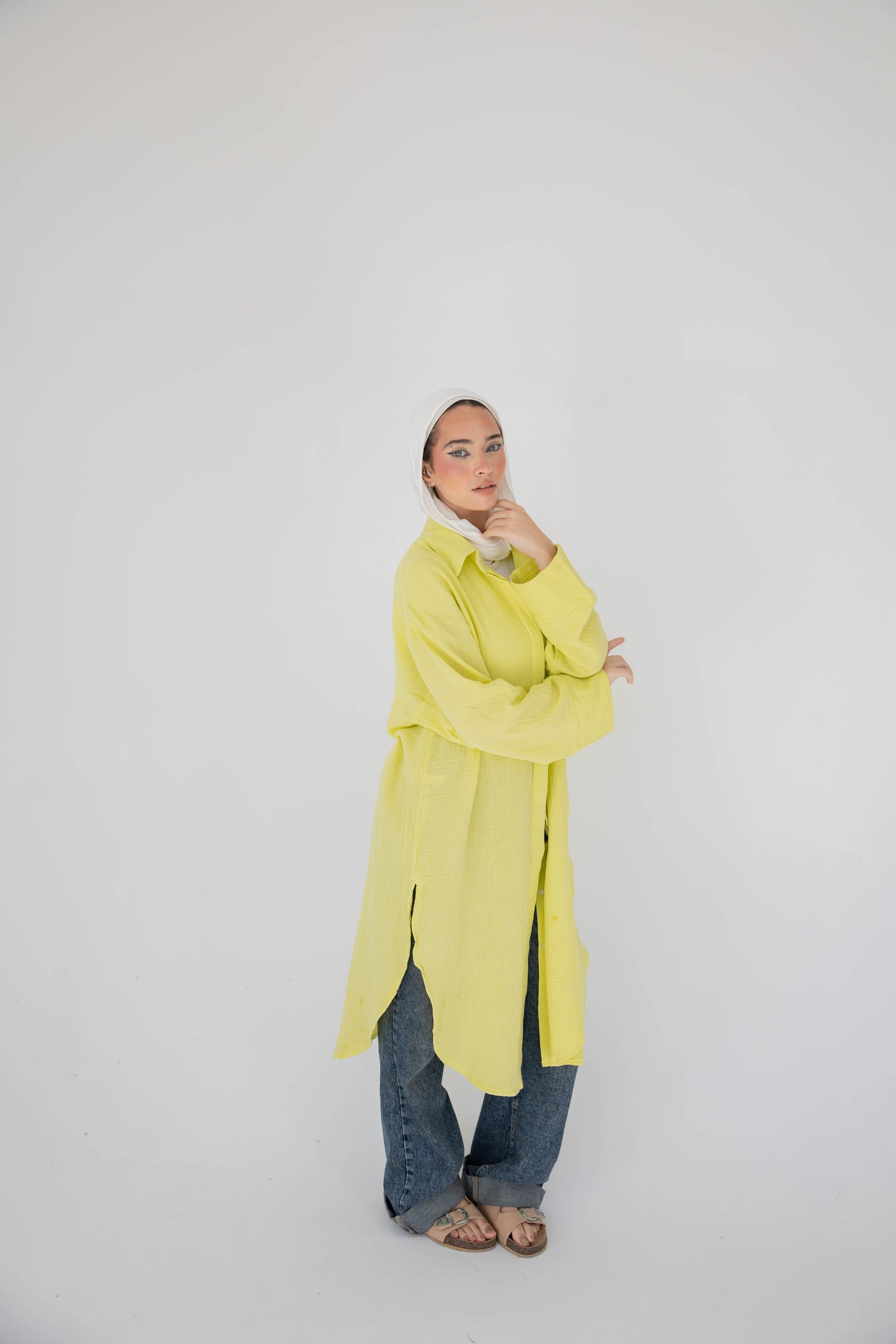 Crinkled linen long shirt in lime green