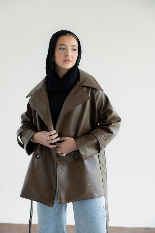 Oversized Buttoned Leather Jacket - Hazelnut