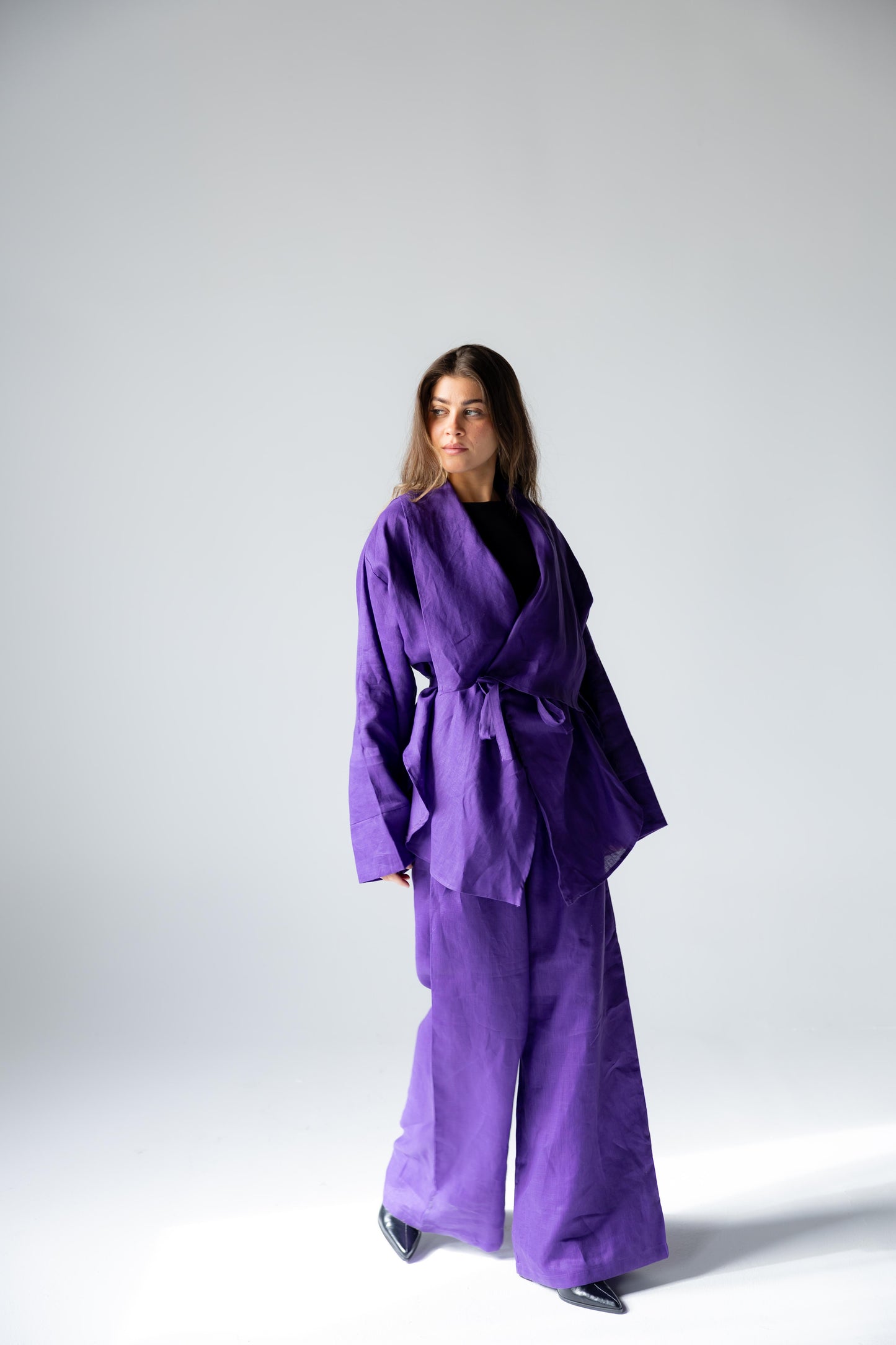 Linen Flow Cardigan Set - Deep Purple