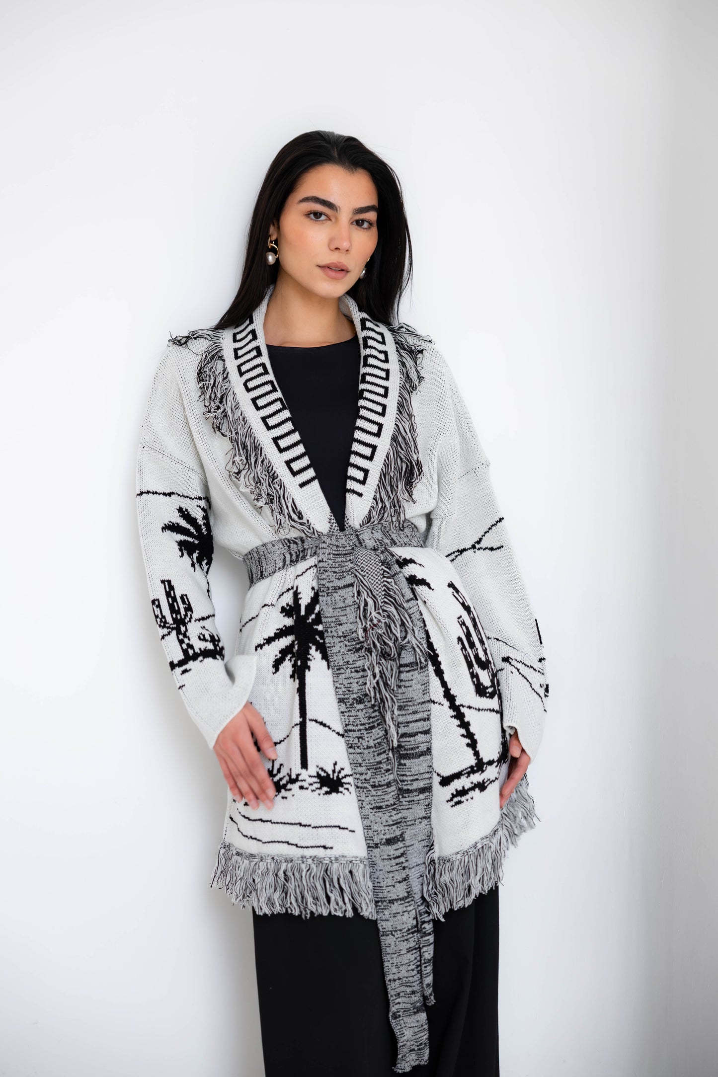 Center Of Attention Knit Cardigan In Black X White