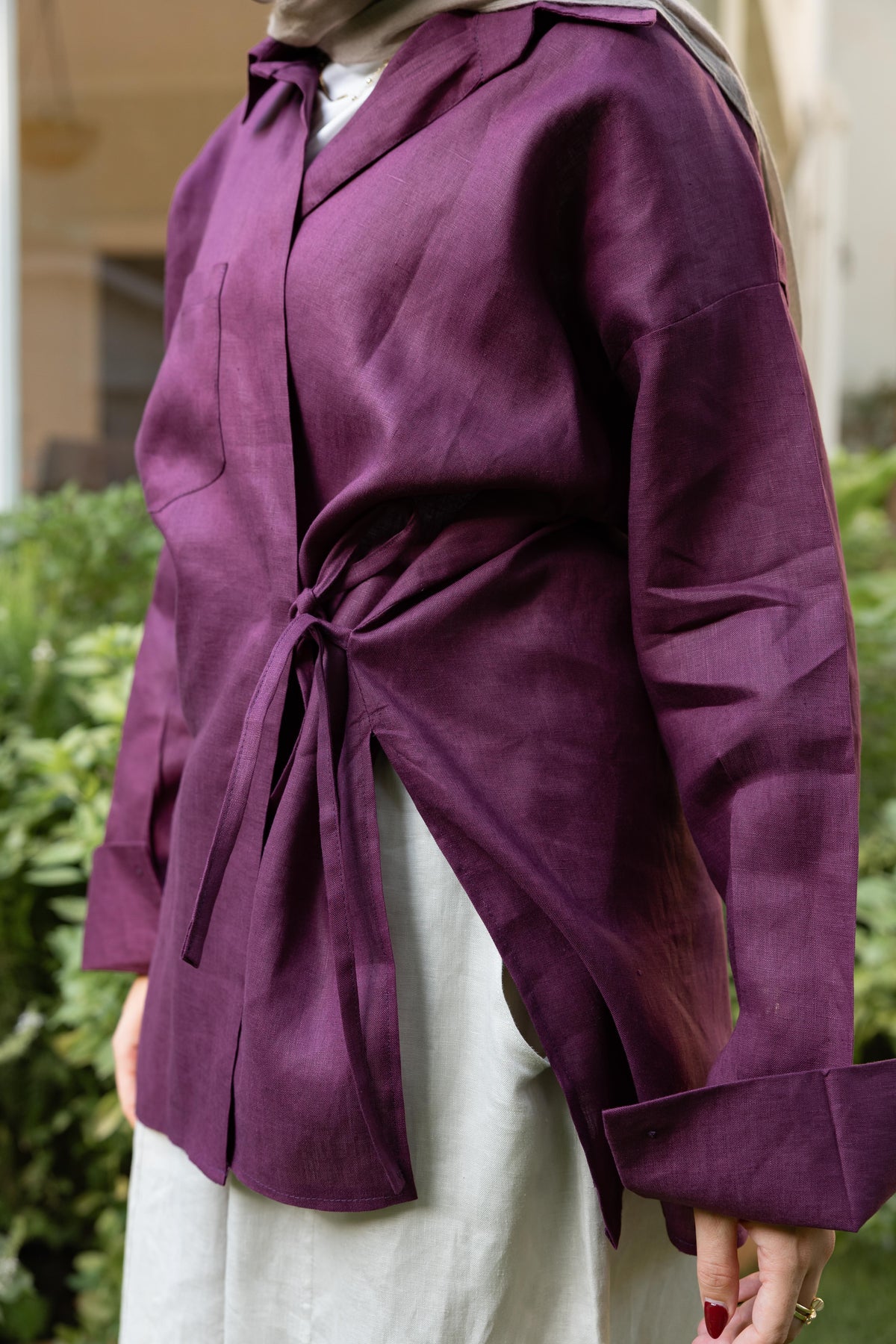 Side Tie Linen Shirt - Violet