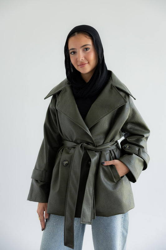 Oversized Buttoned Leather Jacket - Olive