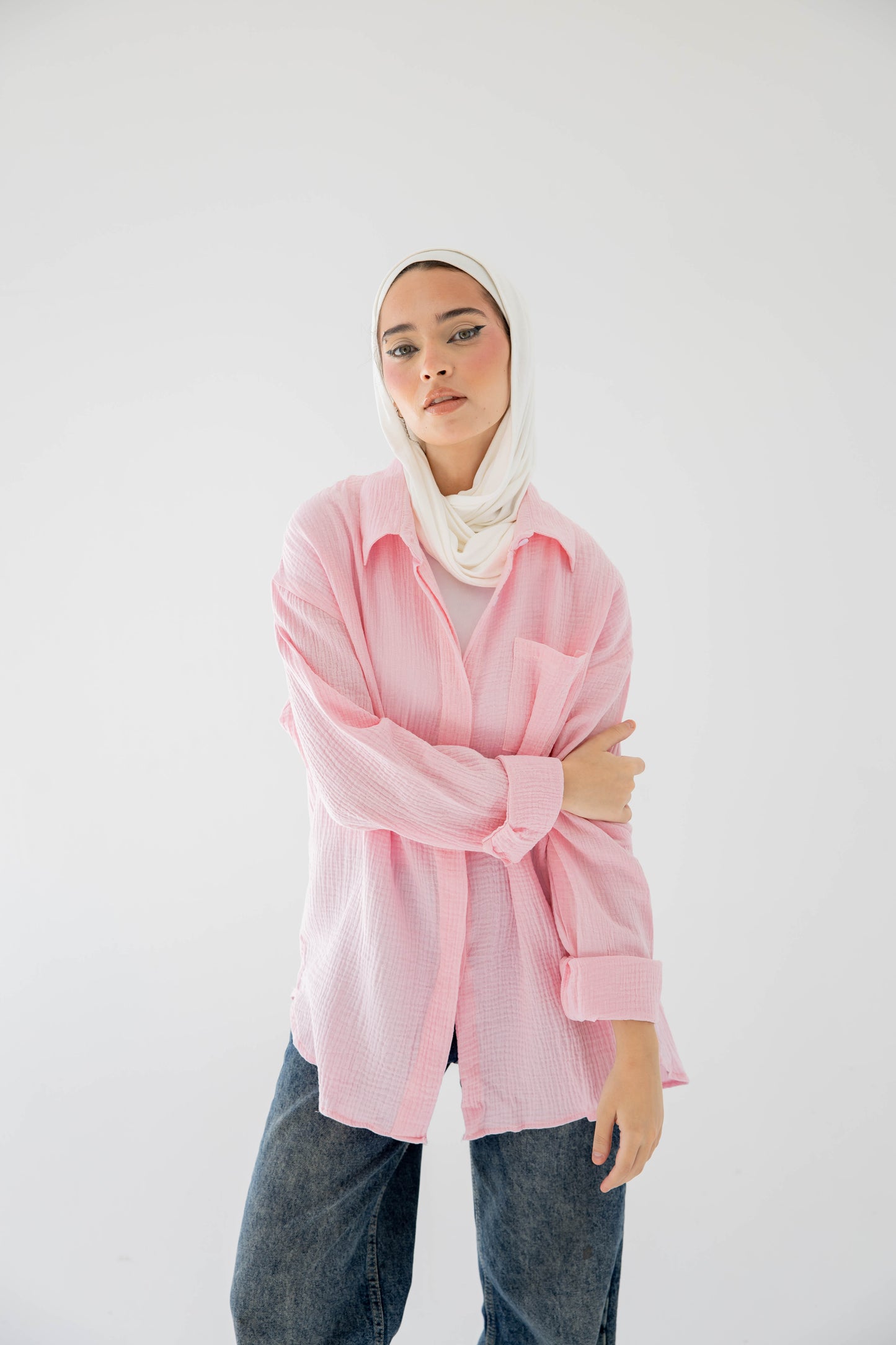 Crinkled linen shirt in rose’