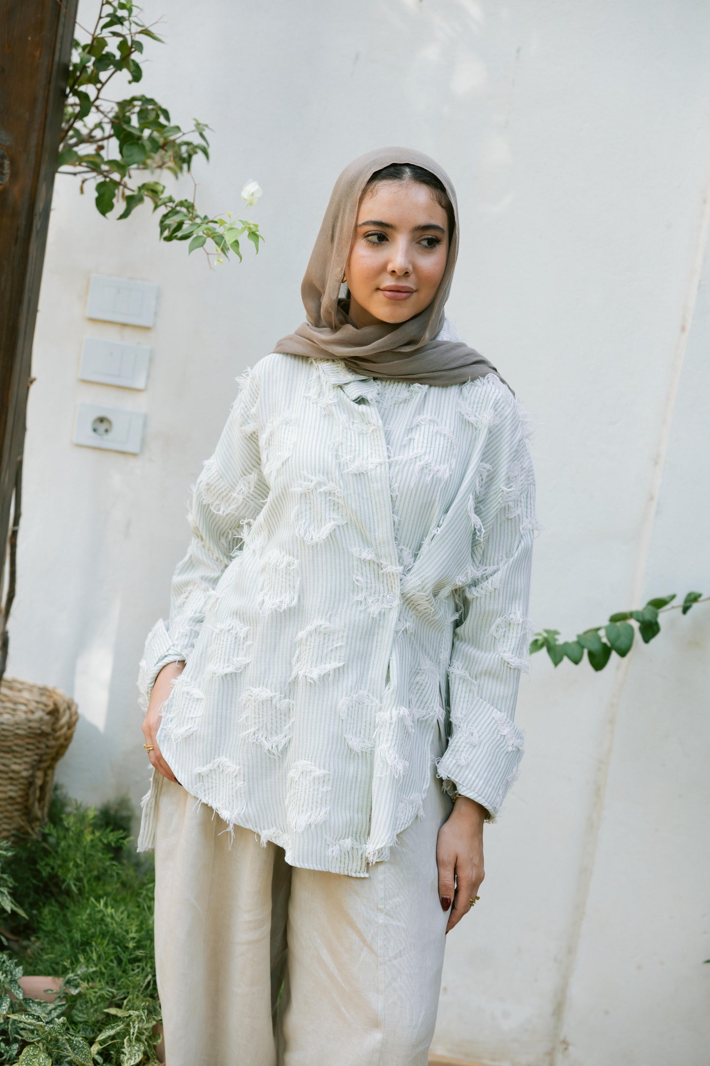 Side Button Textured Shirt - Olive