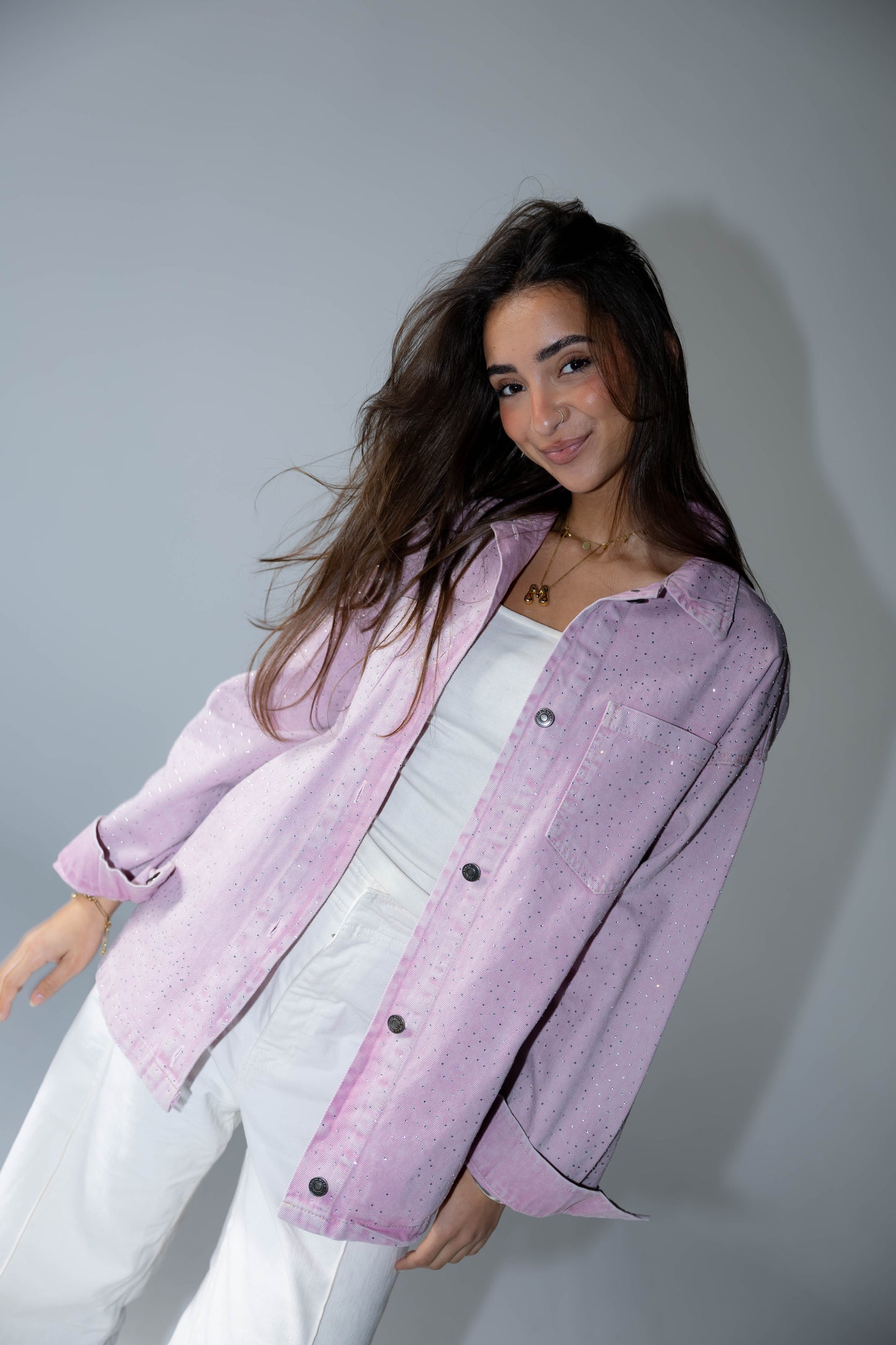 Starluxe Studded Denim Jacket In Petal