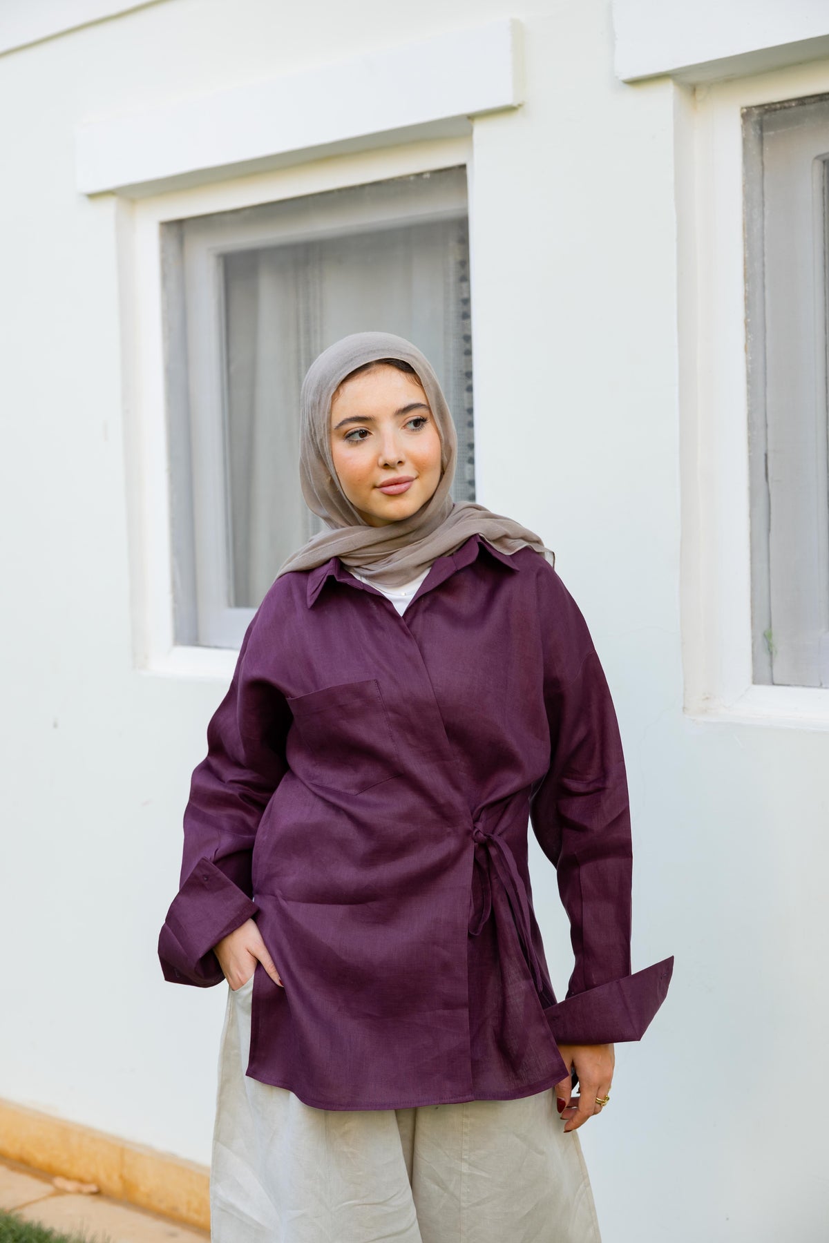Side Tie Linen Shirt - Violet