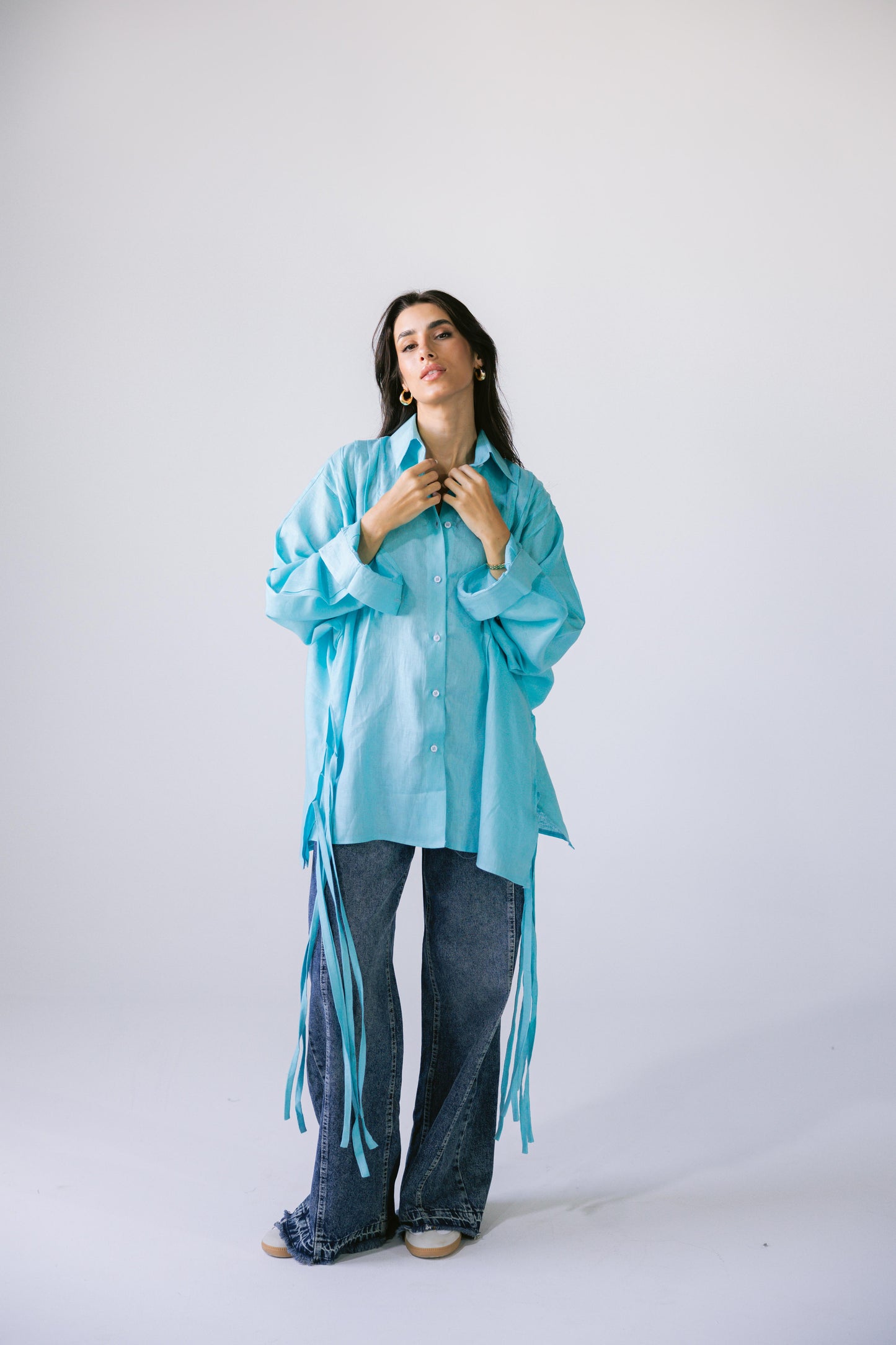 Summer Fringes Linen Shirt -  Turquoise