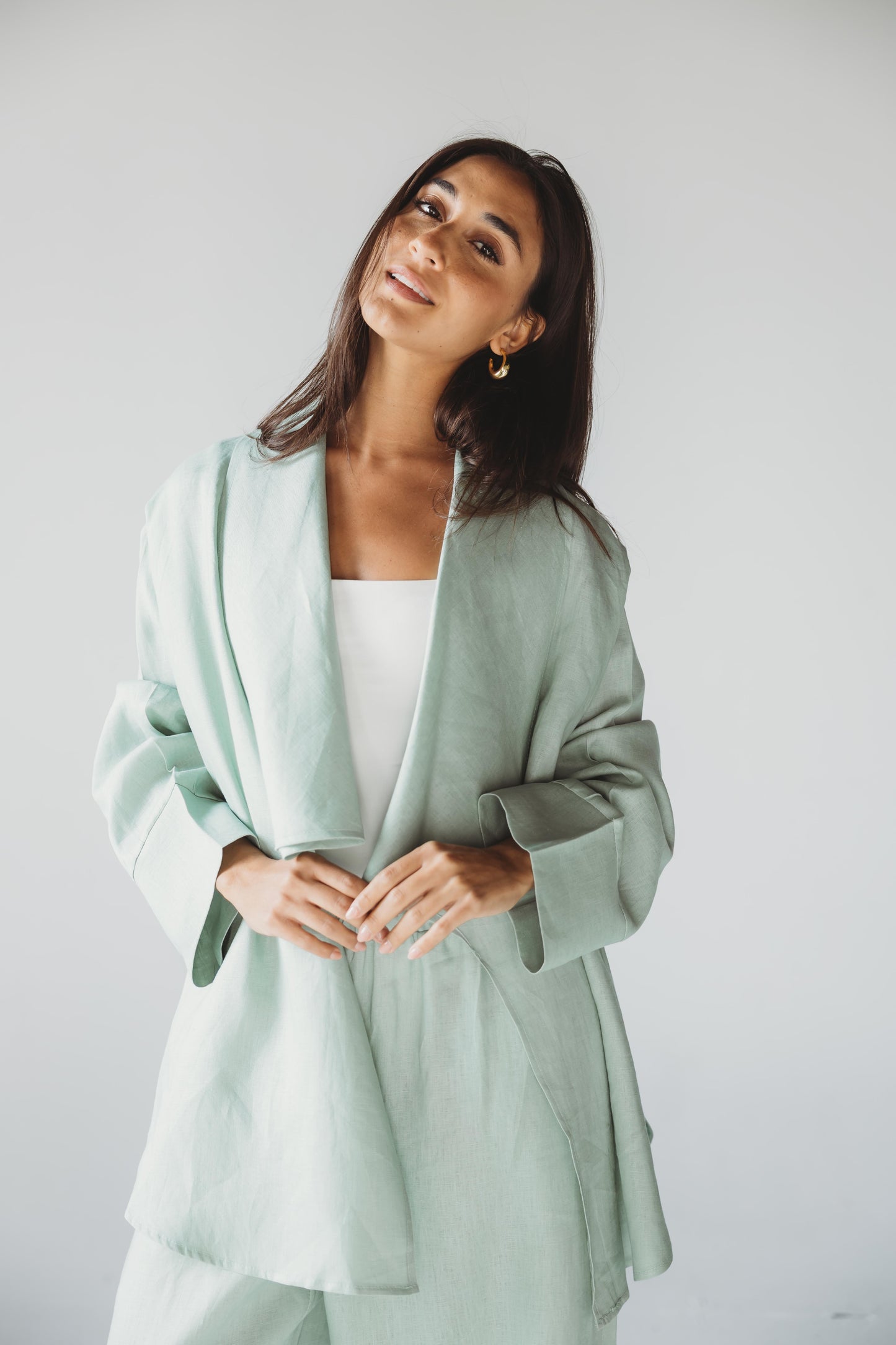 Linen Flow Cardigan Set - Mint