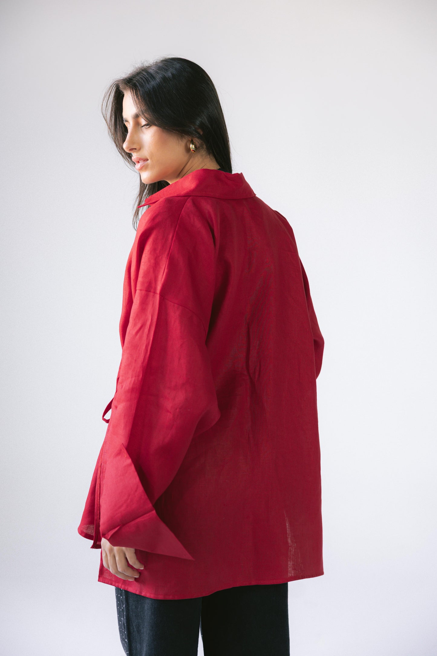 Side Tie Linen Shirt - Red