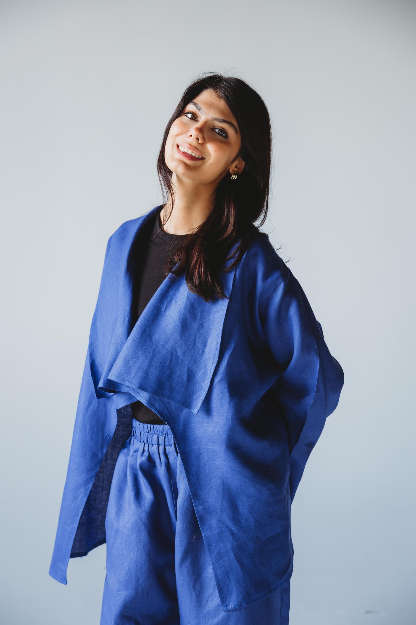 Linen Flow Cardigan Set - Royal Blue