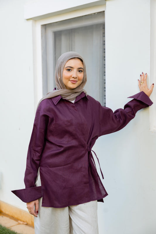 Side Tie Linen Shirt - Violet
