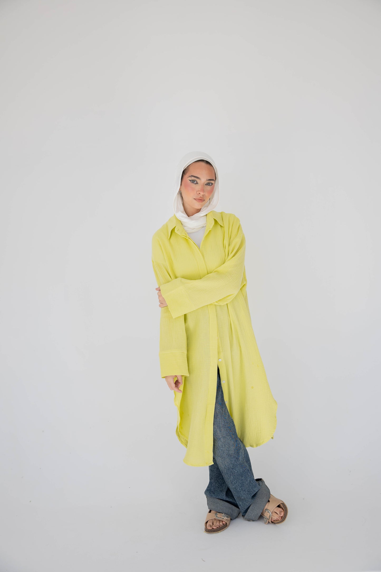 Crinkled linen long shirt in lime green