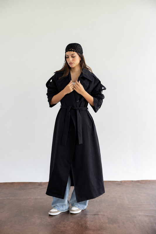Double Collar Trench Coat - Black