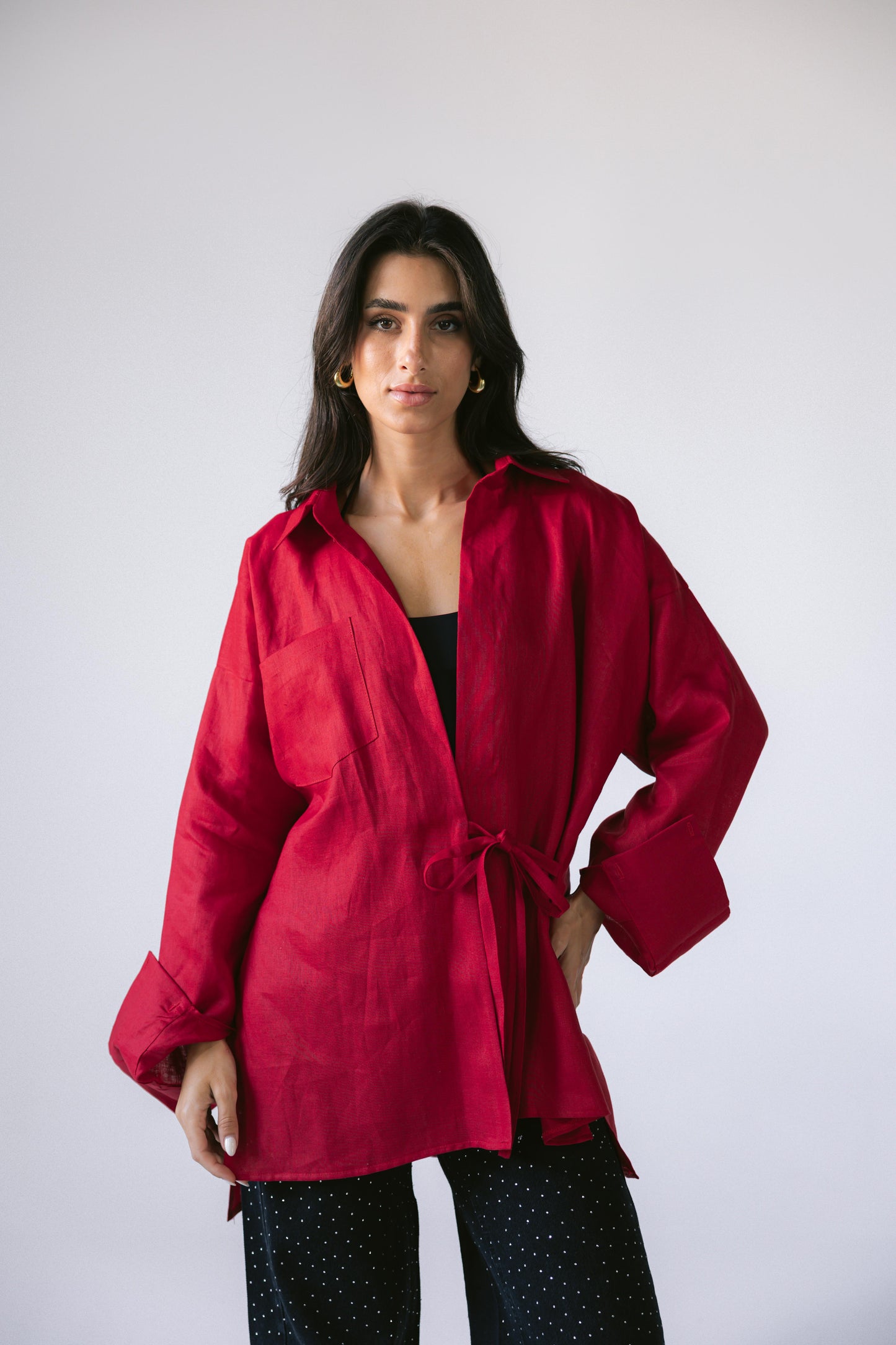 Side Tie Linen Shirt - Red