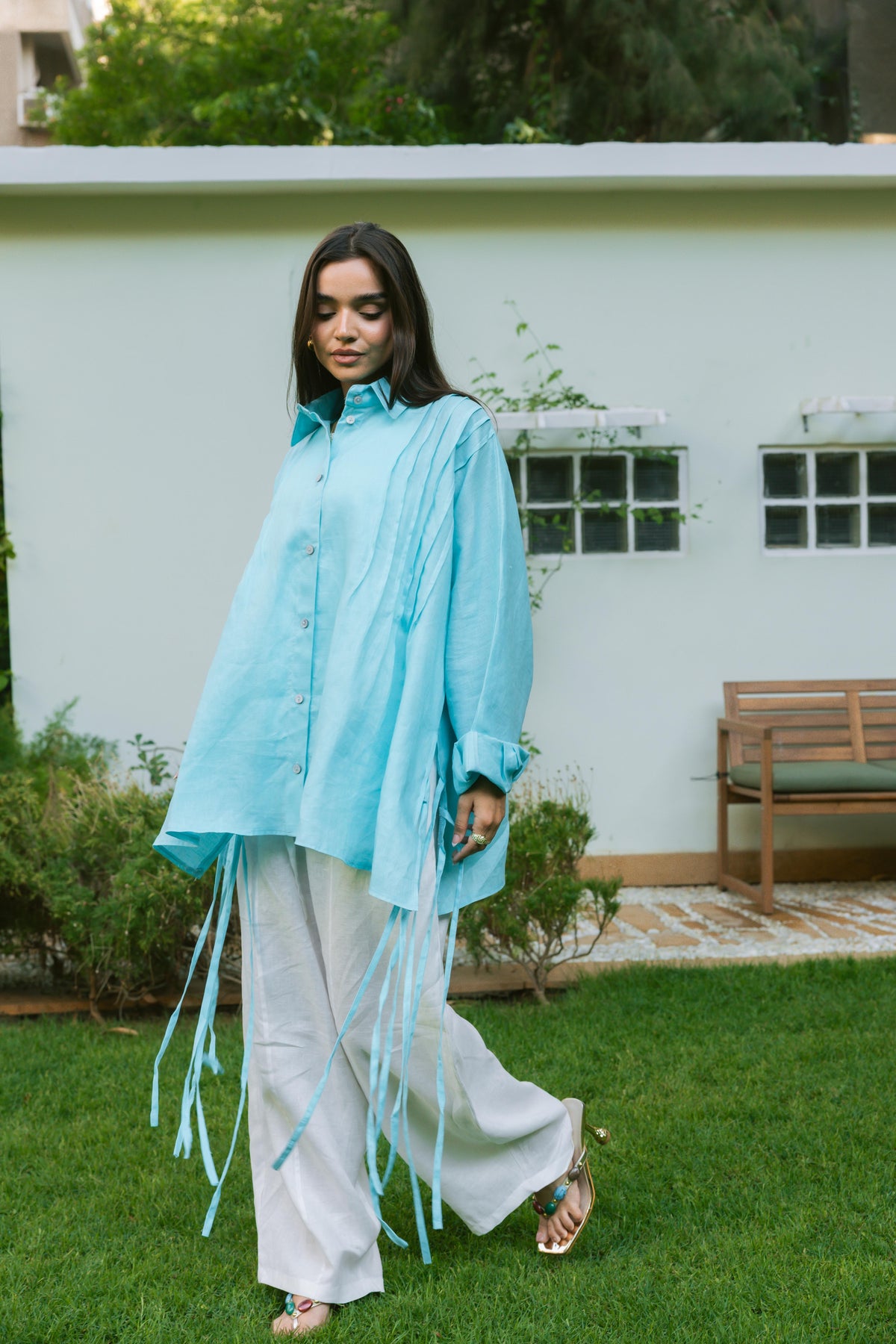Summer Fringes Linen Shirt -  Turquoise
