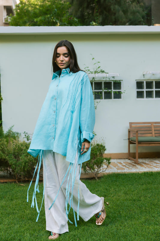 Summer Fringes Linen Shirt -  Turquoise