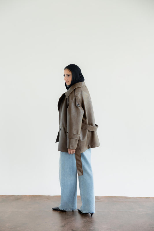 Oversized Buttoned Leather Jacket - Hazelnut
