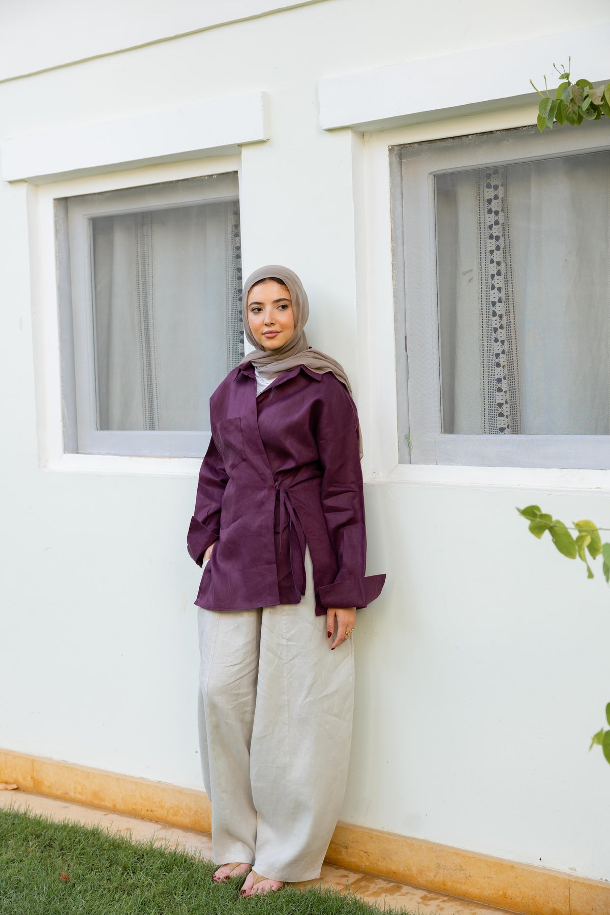 Side Tie Linen Shirt - Violet