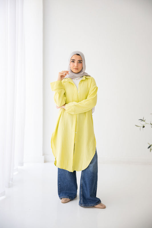 Crinkled linen long shirt in lime green