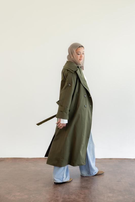 Double Collar Trench Coat - Olive