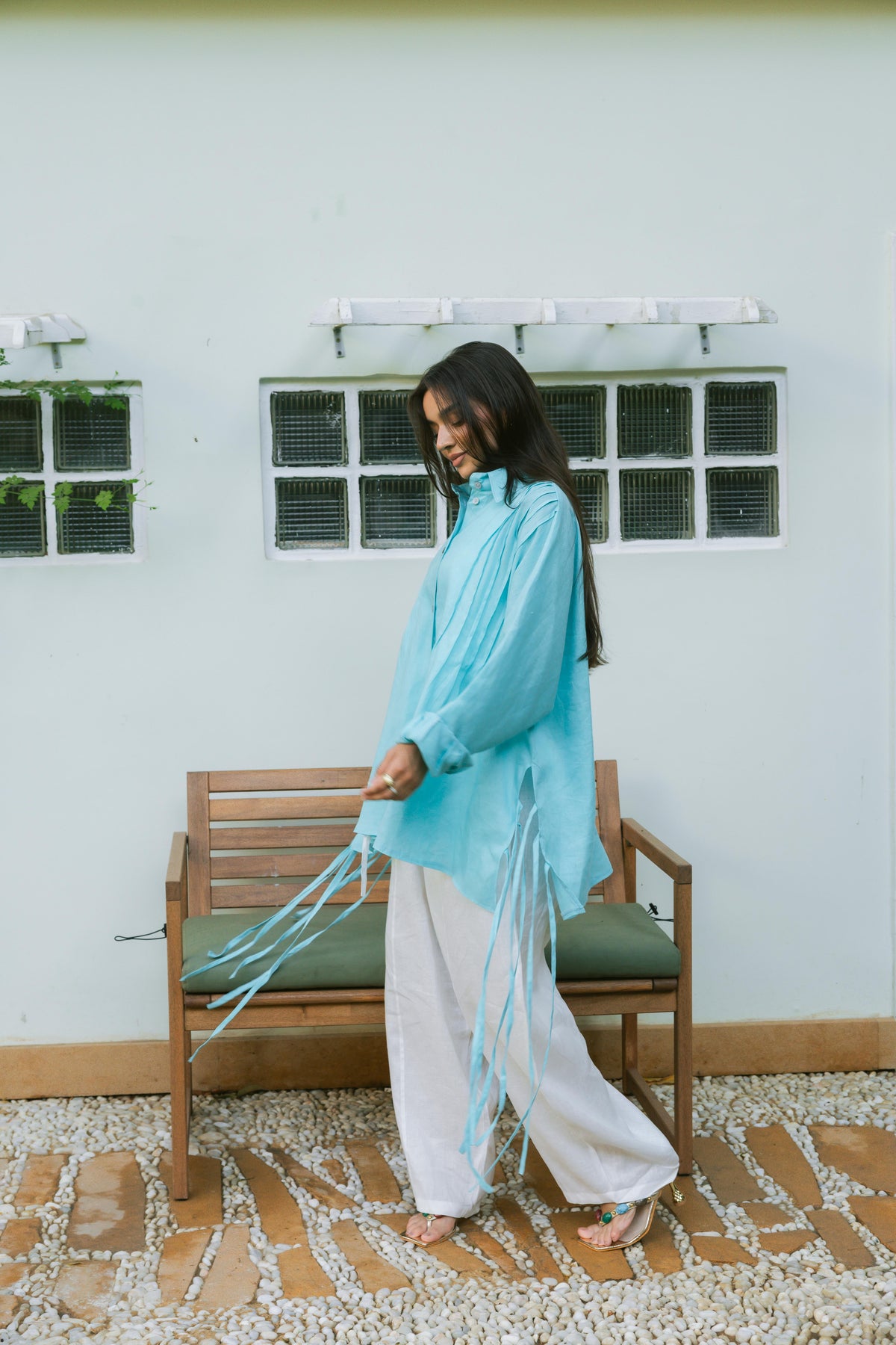 Summer Fringes Linen Shirt -  Turquoise