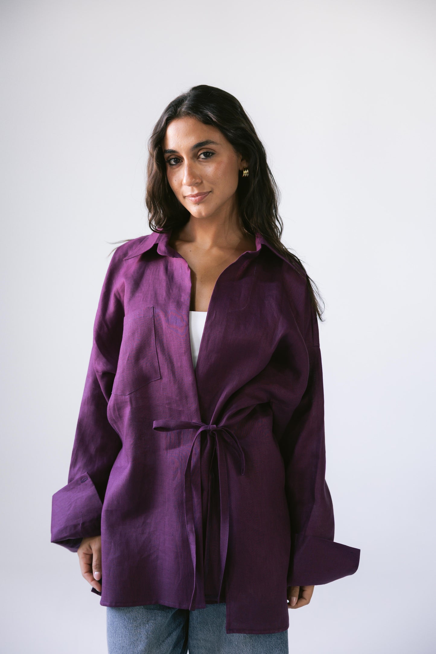 Side Tie Linen Shirt - Violet