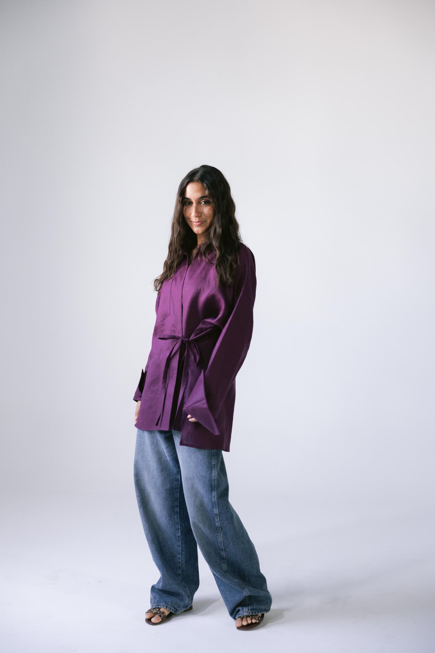Side Tie Linen Shirt - Violet