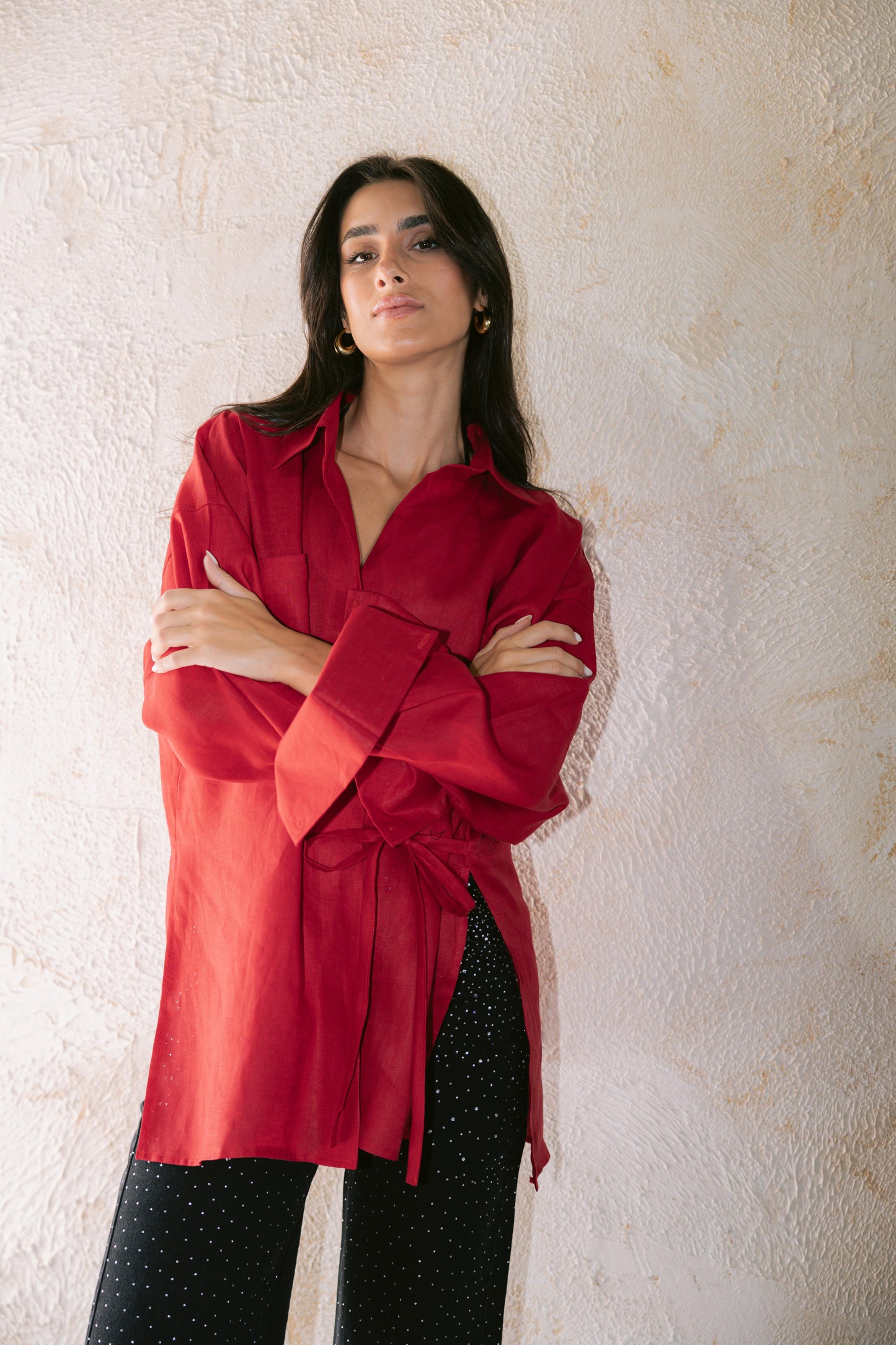 Side Tie Linen Shirt - Red