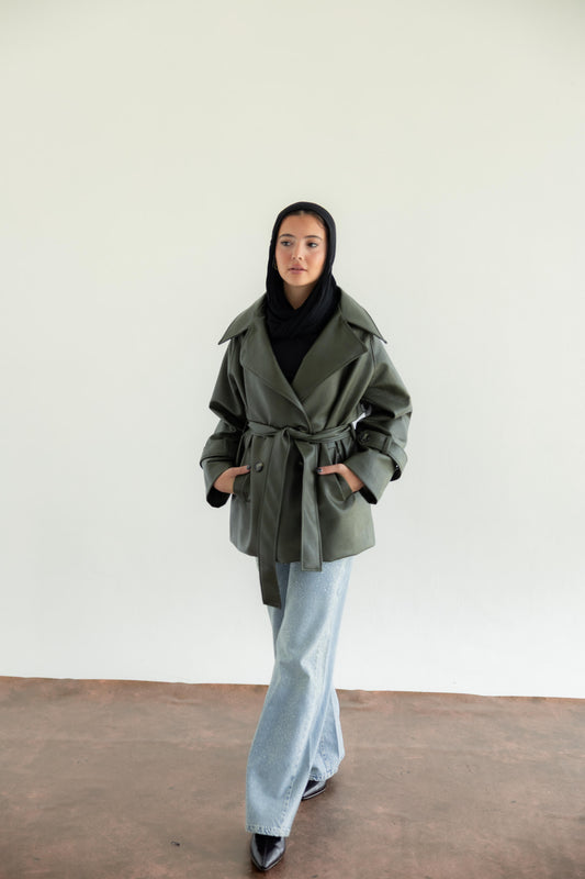 Oversized Buttoned Leather Jacket - Olive