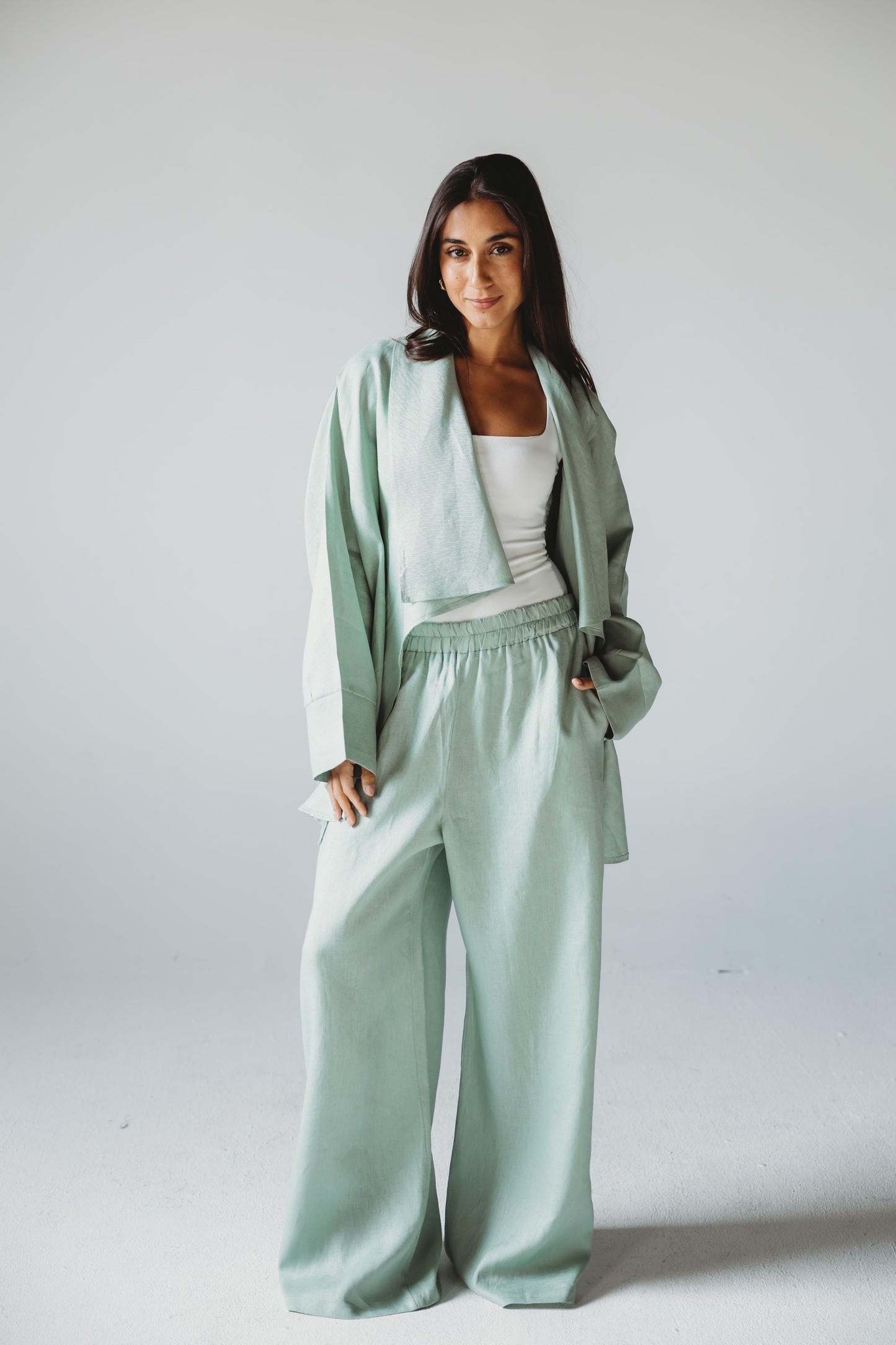 Linen Flow Cardigan Set - Mint