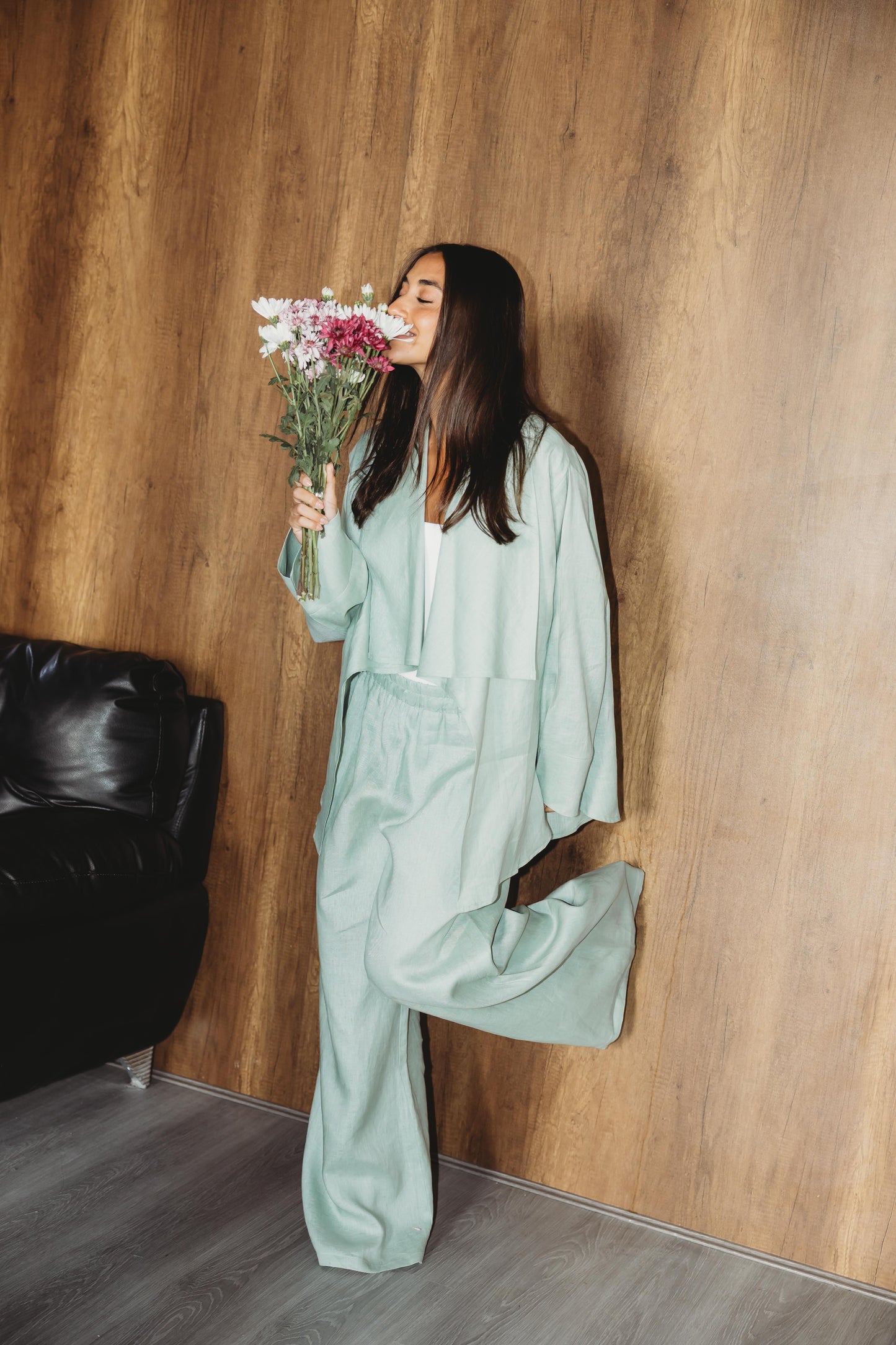 Linen Flow Cardigan Set - Mint